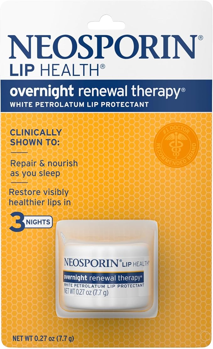 NEOSPORIN Lip Health Overnight Renewal Therapy White Petrolatum Lip Protectant, Nourishing Night Moisturizer to Repair Dry & Cracked Lips, Prevent & Protect Chapped Lips, 0.27 oz