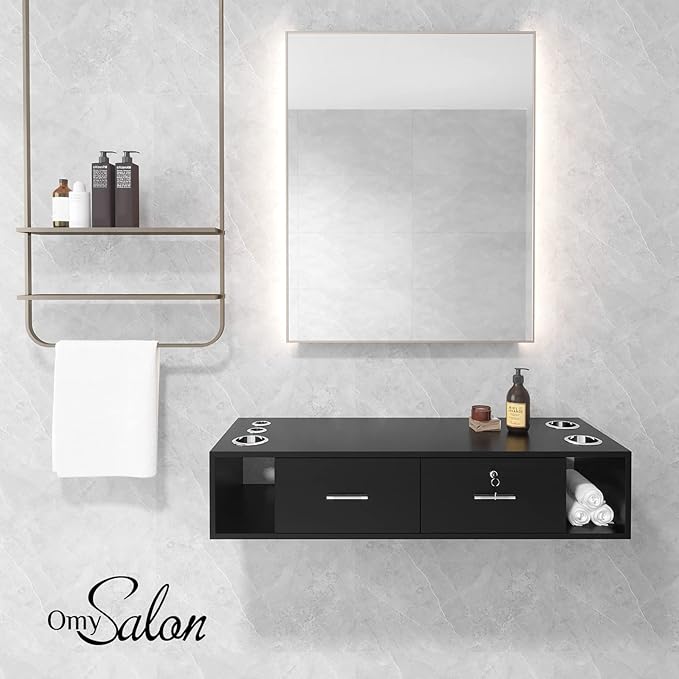 OmySalon Wall Mount Styling Station for Hair Stylist,Beauty Barber Spa Equipment,Salon Cabinet Station with Locking Drawers,Bathroom Dresser with 5 Hair Dryer Holders, Black