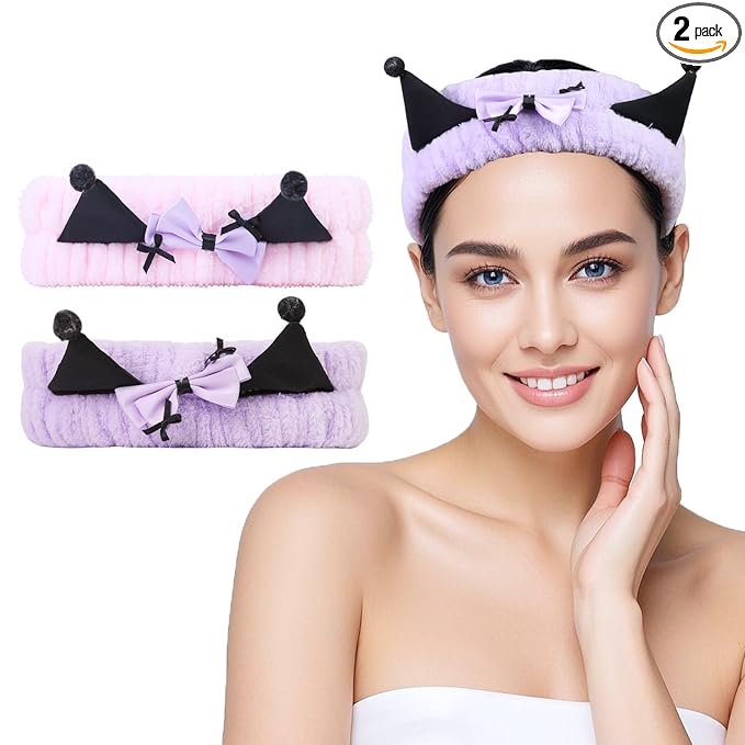 Spa Headband for Washing Face, 2 Pack Cute Hair Band for Shower Yoga Beauty, Fluffy Makeup Headband, Kawaii Facial Headbands for Woman Girls,Purple+Pink Ear