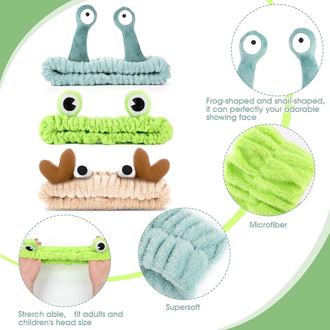 WLLHYF 3 Pack Spa Headband Face Wash Hairband Facial Makeup Head Wraps Cartoon Elastic Head Band Cute Frog Snail Crab Shower Headband Creative Hair Accessories for Beauty Skincare Sports