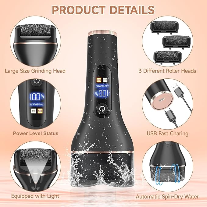 Electric Callus Remover for Feet,Rechargeable Foot File Hard Skin Remover,Professional Pedicure Kit for Cracked Heels &Dead Skin,with 3 Roller Heads 2 Speed (Black SL)
