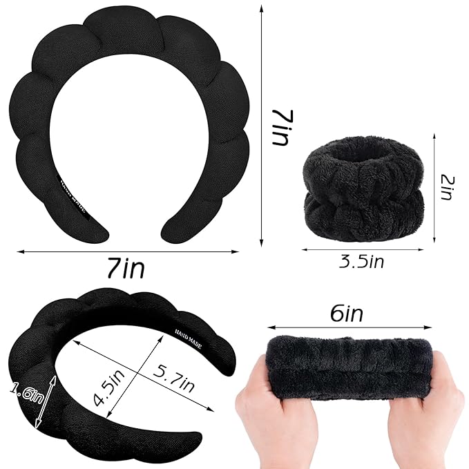 Zkptops 6Pcs Spa Headband for Washing Face Wristbands Set Women Bubble Makeup Sponge Terry Cloth Padded Puffy Skincare Headband Bow Tie Hairband Cute Non Slip Thick Hair Accessory Gifts(Black)