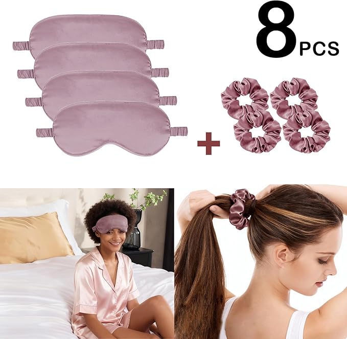Satin Eye Mask 8Pcs Silk Sleep Masks Silky Blindfold Eyeshade Blackout Eyes Cover Scrunchies Hair Ties Travel Wedding Gifts
