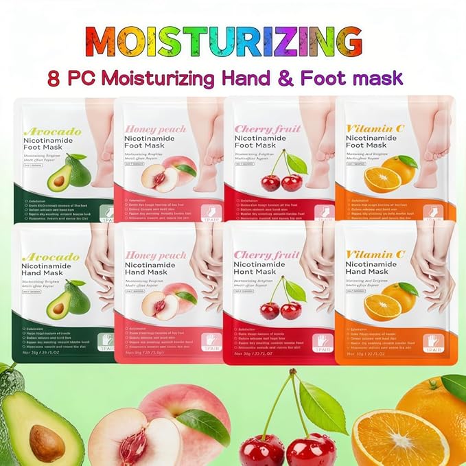 8 Piece At-Home Hand & Foot SPA Hydrating Mask Set (4 Hand + 4 Foot) - Avocado/Vitamin C/Peach/Cherry | Long-Lasting Moisture | Targets Dry Rough Skin | Self-Care Skincare