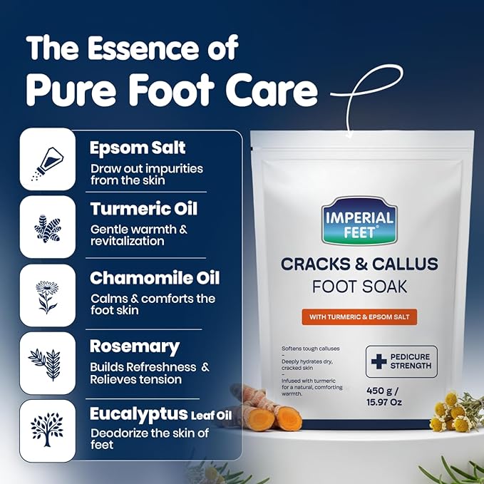Imperial Feet Epsom Salt Foot Soak (PEDICURE GRADE)-Cracked Heels, Thick Calluses, Soften Hard Skin, Rough Feet & for Deeply Hydrates Dry Cracked Skin Foot Soak Salts with Turmeric 16oz (Orange Detox)