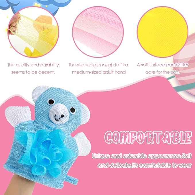 Dimeho Kids Bath Gloves, 4/2pcs Shower Gloves Loofah for Kids Exfoliating BathGlove Body Scrub Glove Exfoliating Scrubber BallEasy to Lather Lovely Animal Colorful Design (3)