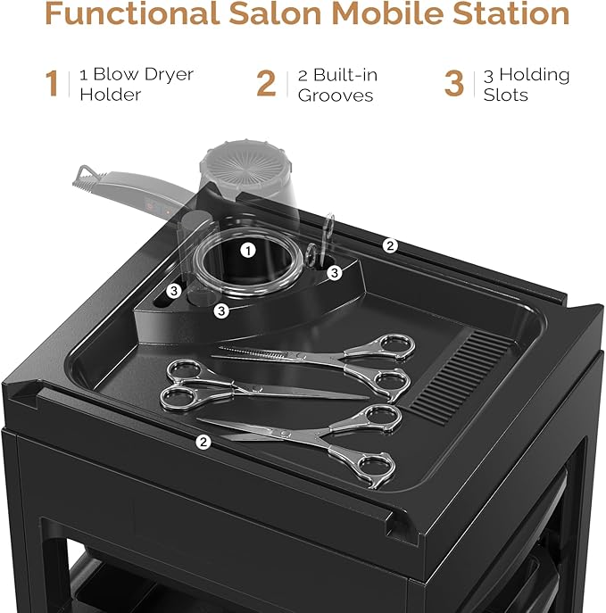 OmySalon Salon Cart for Hair Stylist Black with 5 Drawers & Hair Dryer Holder, Hair Cart Organizer Storage Cabinet for Hairdressing Beauty Spa Tools, Rolling Barber Cart