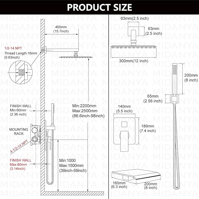 Midanya Shower System with Tub Spout,Bathtub Shower Faucet Set with Square Rainfall Head and Handheld Sprayer Wall Mount Tub Faucet Set with Valve and Trim Kit,12 Inch Matte Black