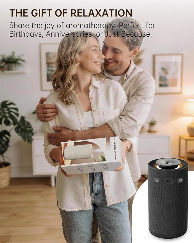 Waterless Essential Oil Diffuser,Portable Car Aromatherapy Diffuser,Rechargeable Cordless Scent Device with Fabric Design,Adjustable Mist & Ambient Light for Home, Office, Travel (Black)
