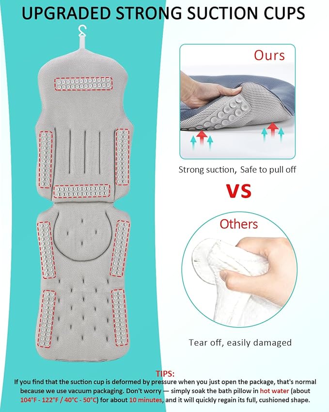 Full Body Bath Pillow for Bathtub, 5D Thick Tub Pillow for Bathtub with 192 Non-Slip Suction Cups, Laundry Bag & Hook, Bathtub Pillow for Head, Neck & Back Support (Misty Blue, 51"*15")