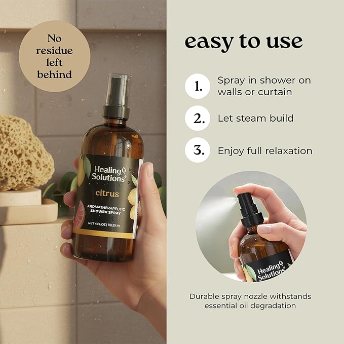 Healing Solutions Aromatherapy Shower Spray, Citrus, 4oz, Therapeutic Grade Essential Oils, Made in the USA, At Home Spa Experience