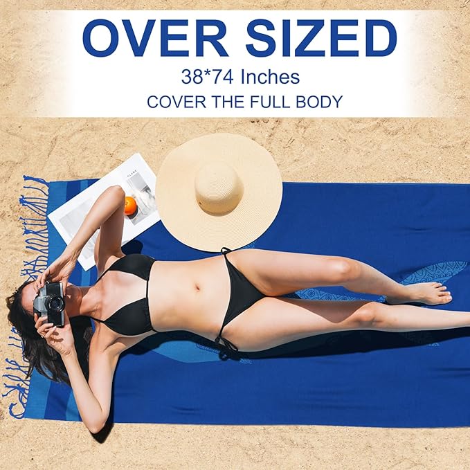 Genovega Oversized Cotton Turkish Beach Towels 72"x36" Lightweight Quick Dry Sandless Pool Swim Towel Large No Sand Compact Blanket Adult Travel Essentials Cruise Accessories Must Haves Blue Shark