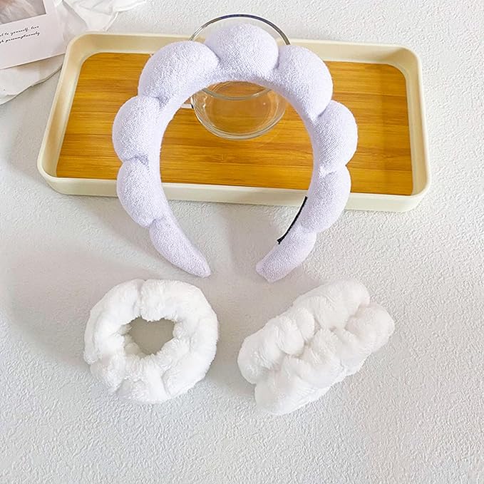 Beleki Spa Headband for Washing Face Wristband Set Sponge Headband Makeup Skincare Face Washing Headband Terry Cloth Bubble Puffy Hairband Non Slip Headwear Hair Accessory for Women - White
