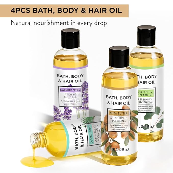 Bath Oil Body Oil with Shea Butter, Lavender, Eucalyptus Mint, Coconut Scent Bath Oils, Gifts for Women, 34.4 fl oz (Pack of 4)