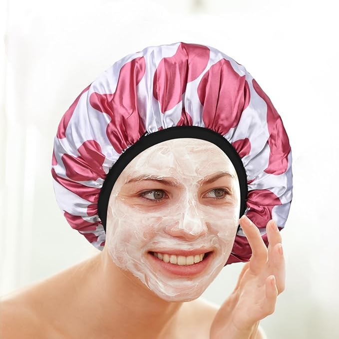 Hot Pink Cow Print Satin Shower Cap, Three-Layer Terry Cloth Lined, with Silk Hair Ties, Microfiber Waterproof Reusable Large Size Shower Cap for Women Long Thick Hair