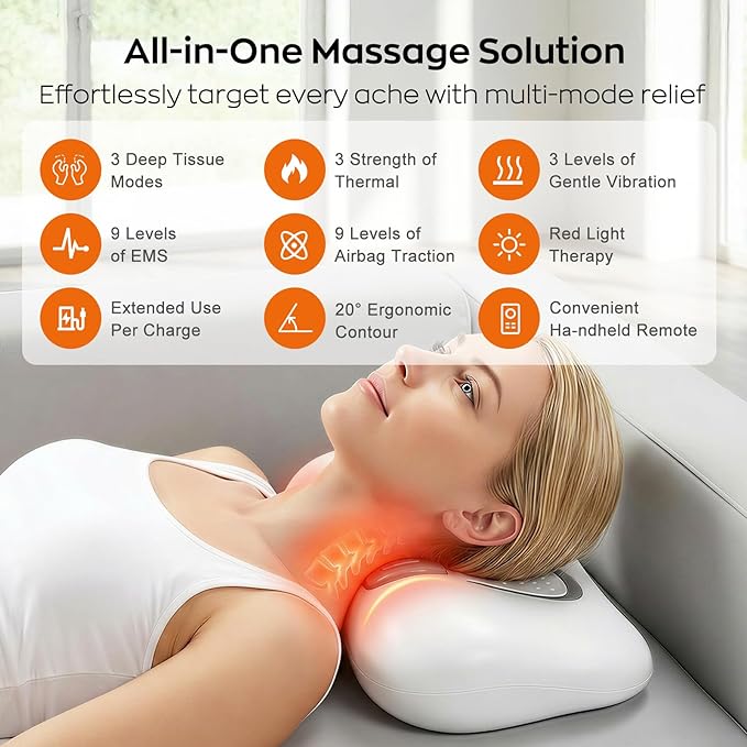 4-in-1 Shiatsu Neck & Back Massager with Heat, Vibration, EMS & Airbag Traction, Portable Cordless Electric Massage Pillow Ergonomic Design for Deep Tissue Pain Relief Muscle Relax