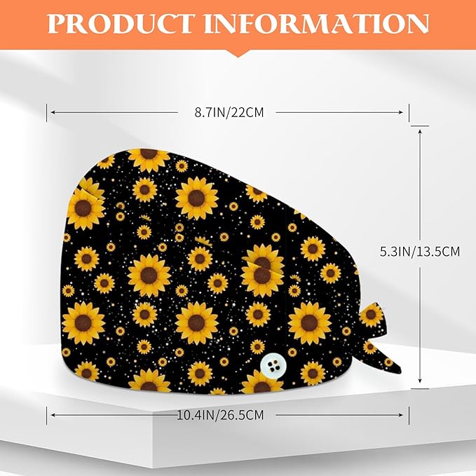 Adjustable Scrub Cap with Buttons & Sweatband, Working Hat with Elastic Tie Back, Unisex Nurse Surgical Caps for Women & Men