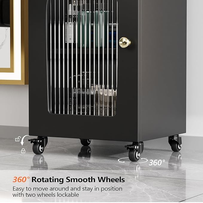 OmySalon Salon Cart with Wheels, 3-Tier Rolling Beauty Cart with Glass Door & Dryer Holder, Mobile Hair Styling Station for Barber, Spa, Esthetician, Nail & Tattoo Artists, Lockable Storage, Black