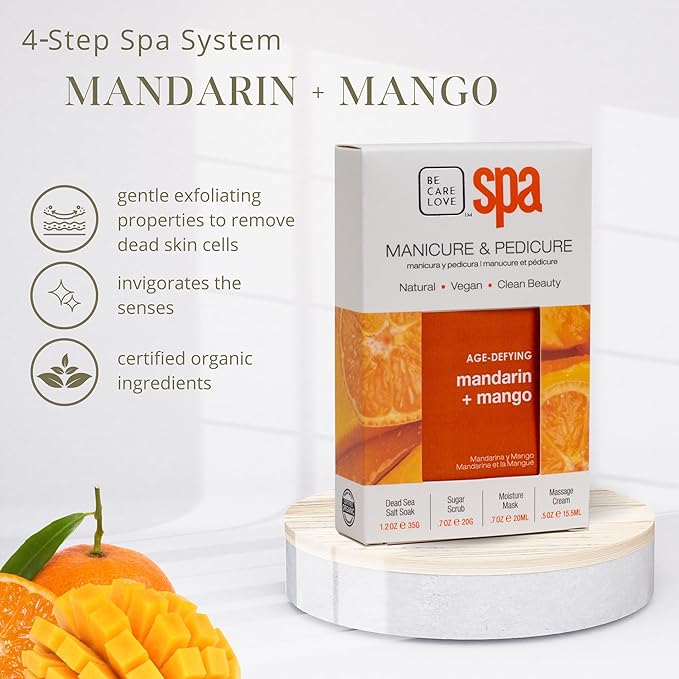 BCL Spa Mandarin + Mango Professional Pedicure Kit Foot Spa Set – Exfoliate, Hydrate & Refresh Skin | Dead Sea Salt Soak, Sugar Scrub, Moisture Mask & Massage Cream | Professional & Home Uses