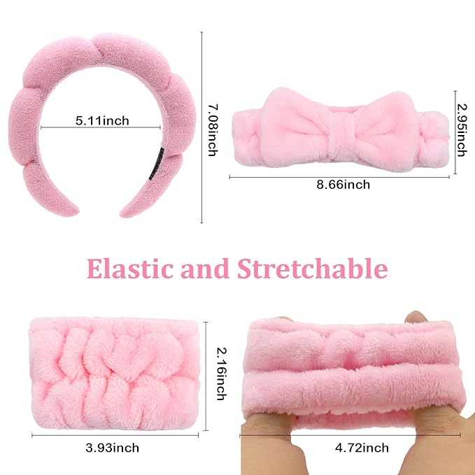 Pink Spa Headband and Wristband Set with Bow for Washing Face, Skincare, Makeup - Sponge Cloud Headband for Women Girls