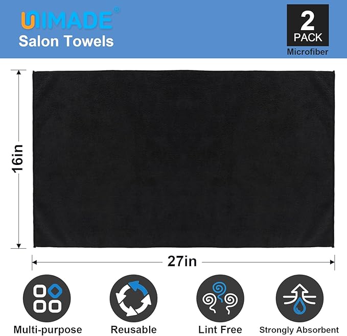 UNIMADE 2 Pack Salon Towels - Highly Absorbent and Quick Drying Hand Towels, Premium Wash Cloths for Bathroom, Gym, Shower, Hotel, and Spa - 16x27 inch (Black)