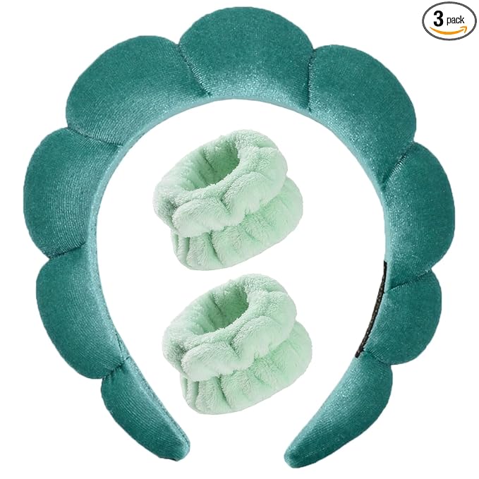 Luckybear Spa Headband for Washing Face, Velvet Makeup Headband, Bubble Skincare Head bands with Face Wash Wristbands Sponge Puff Head band for Women Skin Care - Green