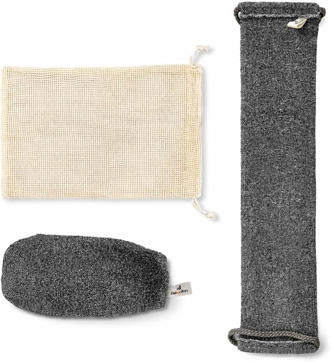 Body Exfoliator Set – Back Scrubber Strap & Exfoliating Glove, 3 Piece Shower Kit with Mesh Laundry Bag for Easy Machine Washing, Deep Cleansing & Smooth Skin – DelecoRon