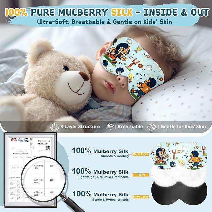 Kids Sleep Mask – 100% Mulberry Silk Eye Mask with Adjustable Strap, Soft Light Blocking Sleeping Mask for Children, Cute Printed Eye Cover for Boys Girls Ages 5-15 (Football Style)