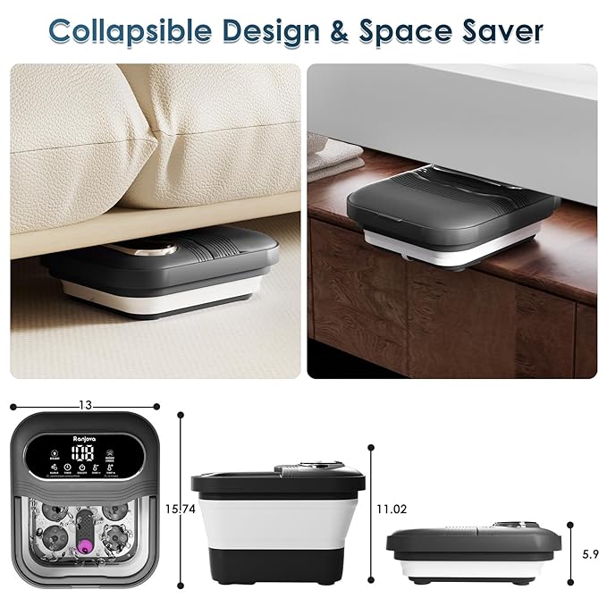Ranjova Collapsible Foot Spa Electric Rotary Massage, Foot Bath with Remote Control, Heat, Bubble, Temp Control, and 24 Motorized Shiatsu Massage Balls, Pedicure Foot Spa Tub for Stress Relief (Black)