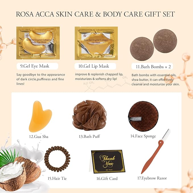 Coconut 23 Pcs Facial Skin Care Kit For Women & Men, Self-Care Gift Set, Spa Relaxation Kit, Face Sheet Mask, Serum, Clay Mask, Birthday, Christmas, Valentines, Mother Day, Dad, All Occasion Present