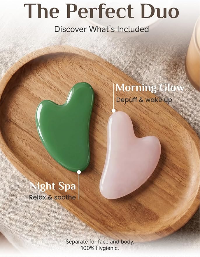 Rena Chris 2PCS Gua Sha Facial Tools: Jade Stone Guasha Tool for Face Acupuncture Therapy, Facial Massager for Jawline Sculpting and Puffiness Reducing (Green & Pink)