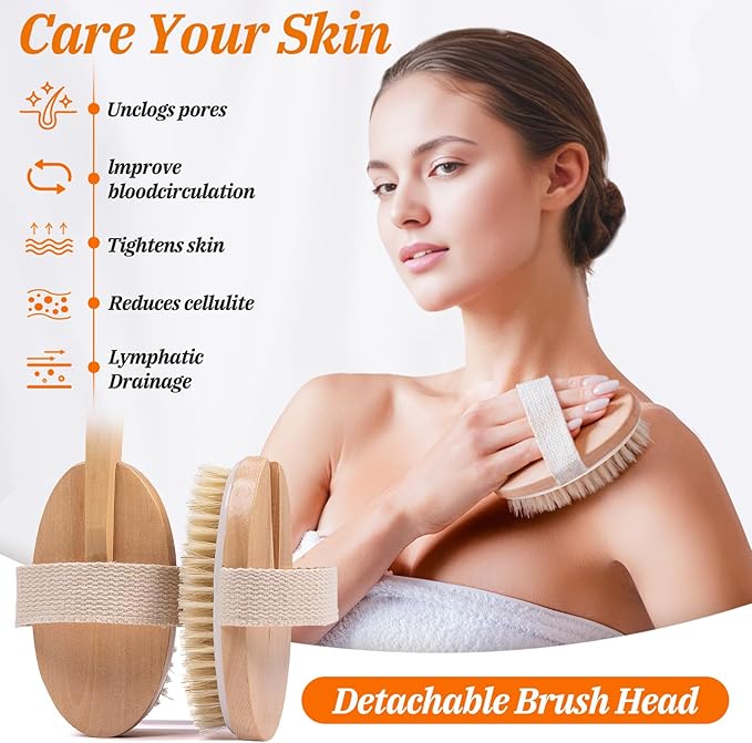 Wood Body Brush Set,19.3’’ Long Handle Bath Body Back Scrubber Soft & Stiff Bristles Detachable 2 Brush Heads Gentle Exfoliator Remove for Wet & Dry Use