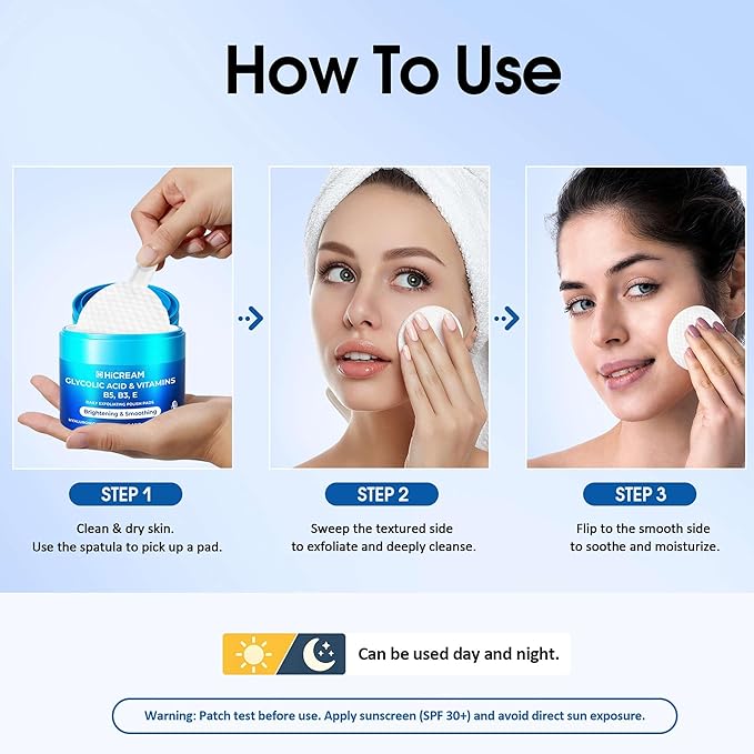 Hicream Glycolic Acid Pads, Dual-Textured Facial Exfoliating Toner for Pore Care & Skin Radiance, Deep Cleansing Peel with Niacinamide, Salicylic Acid & Vitamins E, B3, B5 (50 Pads)