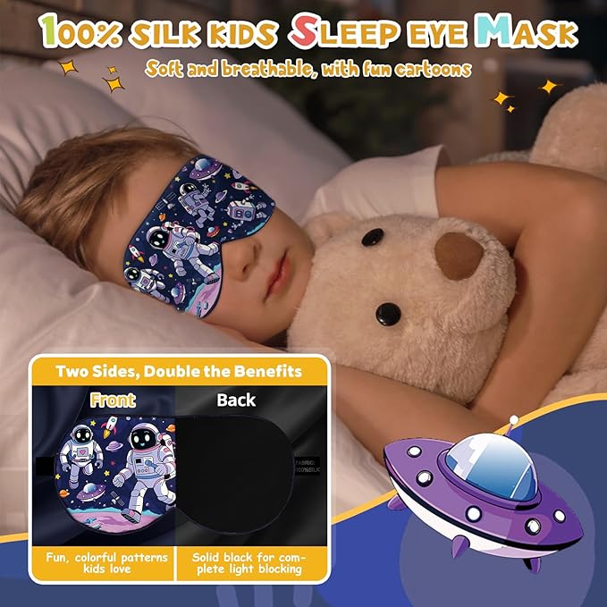 Silk Kids Sleep Mask: 100% Mulberry Silk Eye Mask, Sleeping Masks with Adjustable Strap, Soft & Light-Blocking Printed Kid Eye Cover for Boys Girls Teens Aged 5-15 (Alien Theme)