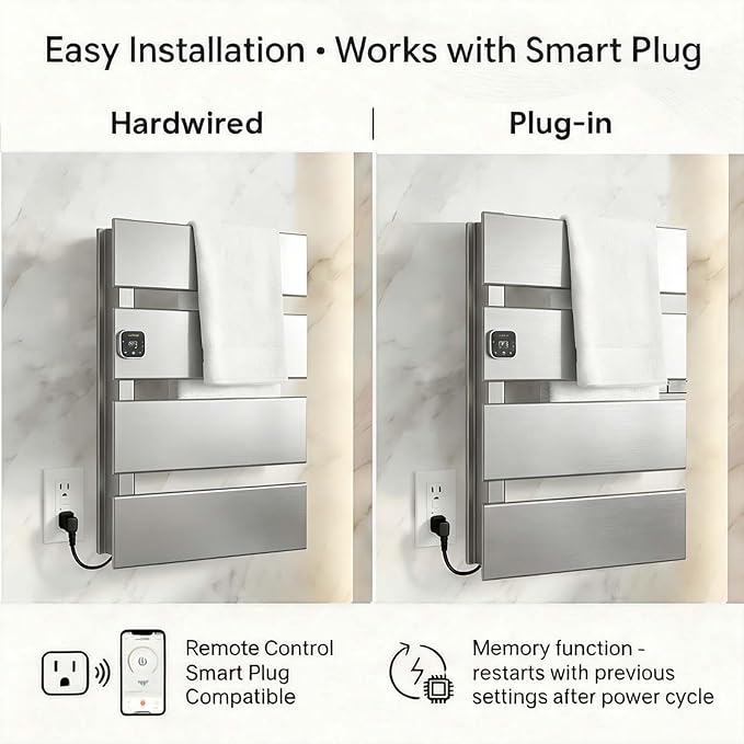 Electric Towel Warmer, Heated Towel Rack with Thermo Control and Timer, Fast Heating Towel Rail for Bathroom with Memroy Function, Work with Smart Plug, Left-Wiring, 4 Panel, Silver