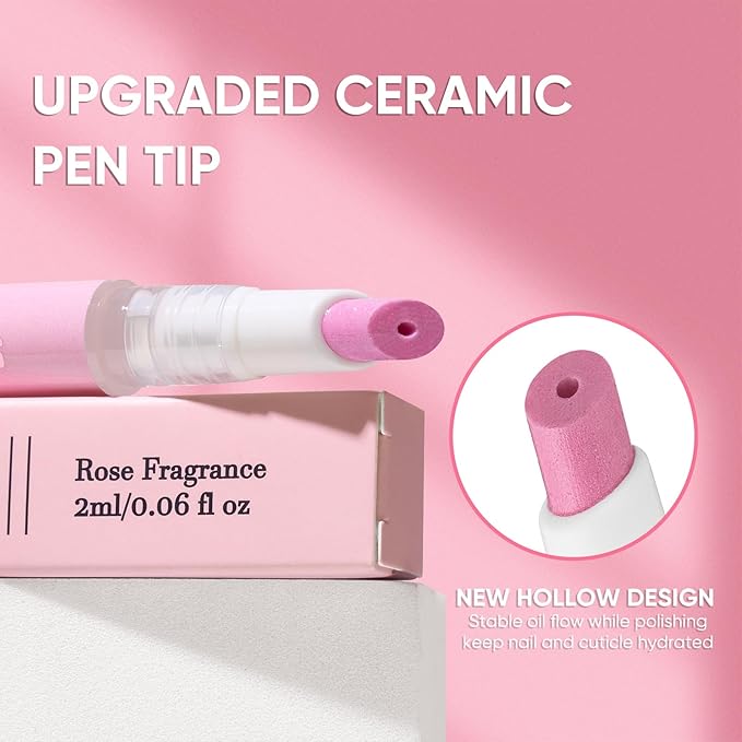 Ceramic Cuticle Pusher & Oil Pen, 2ml Rose + Fragrance Free Scented Nail Care Pen, Gentle Cuticle Remover for Dry & Damaged Nails, Moisturize Strengthen Brighten (Pink3.0&Beige3.0)