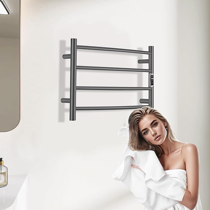 Heated Towel Racks for Bathroom, Wall Mounted Electric Towel Warmer Racks with Timer & Temperature Control, 4 Bar Stainless Steel Towel Heater for Bathroom,Plug-in,Gunmetal Grey