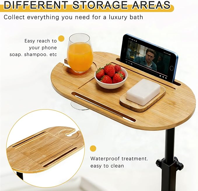 3-Tier Freestanding Bathtub Tray Table, Adjustable Bamboo Bath Caddy with Swivel Design, Standing Bath Shelf for Home Spa, Natural