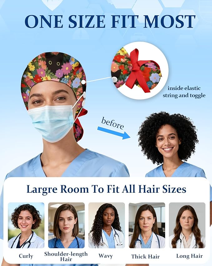 Plifal 100% Cotton Scrub Cap with Buttons-Nurse Cap with Sweatband for Women, Adjustable Working Hat,Satin Lined or Unlined