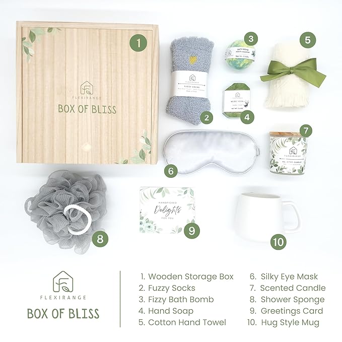 Birthday Gifts for Woman, Get Well Soon Gift Baskets for Women, Relaxing gifts for Women, Self Care Gifts, Spa kit for Woman, Wooden Box, Green Gifts for Wife, Girlfriend