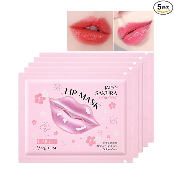 AKARY Sakura 5 Pieces Hydrating Lip Mask, Lip Sleep Mask Collagen Crystal Lip Care Gel Pads For Moisturizing, Minimize Fine Lines, Remove Dead Skin, Chapped Pads Lip Mask (5)