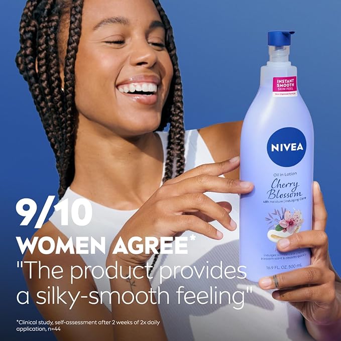 NIVEA Oil Infused Cherry Blossom and Jojoba Oil Body Lotion for Women, Fast-Absorbing and Non-Greasy Cherry Blossom Scented Lotion Moisturizes for 48 Hours, 16.9 Fl Oz Pump Bottle
