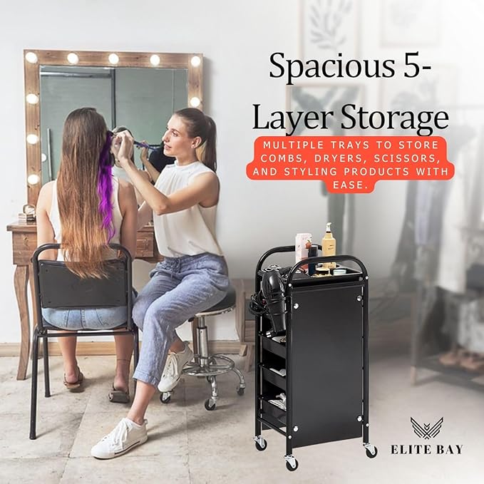 ELITE BAY-Hairdressing Trolley- Metal Salon Rolling Cart Organizer.Durable Beauty Storage Unit with Wheels.Multi-Tier Tray System for Hair Tools, Makeup & Spa Essentials.Black & Gold Finish