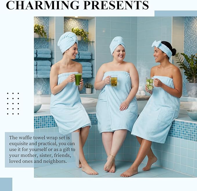 Tigeen Plus Size Towel Wrap for Women Spa Robe Set with Shower Hair Drying Turban Cap Towel Headband Adjustable Bathrobe