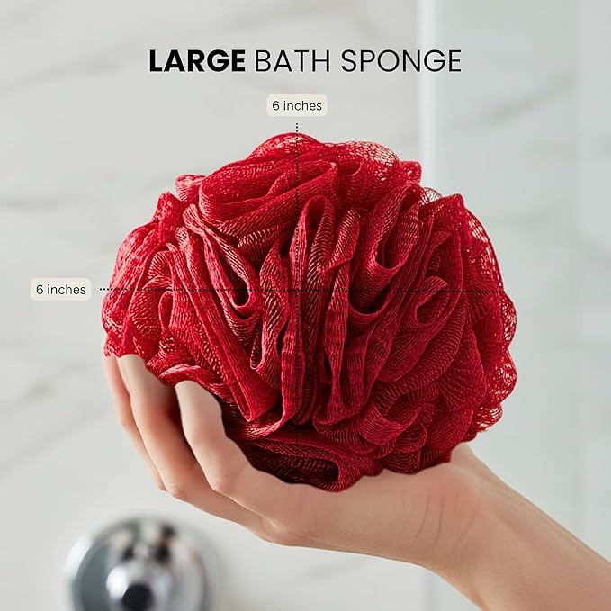 Large Bath Sponge Pack of 3 – Soft 70G Mesh Loofahs with Suction Cup (Dark Red): Gentle Exfoliation for All Skin Types, Rich Lather Poufs for Daily Shower Use