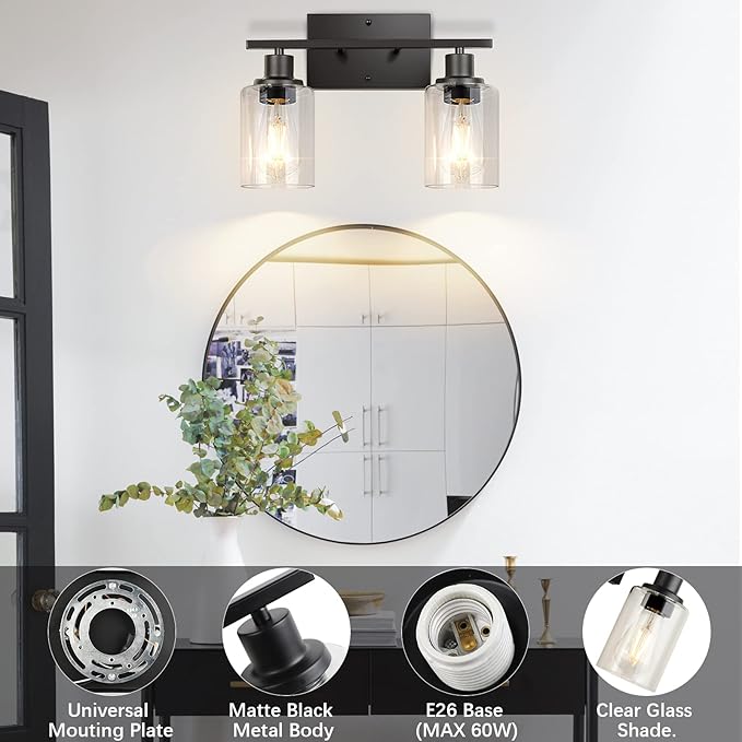 ShineTech 2-Light Bathroom Vanity Light Fixtures, Modern Wall Lighting with Clear Glass Shade, Matte Black Finished Wall Sconce Lighting for Mirror