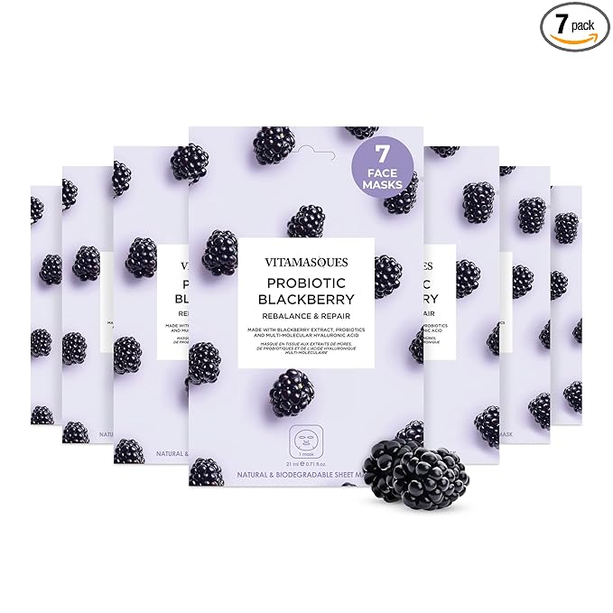 Vitamasques Probiotic Blackberry Face Sheet Mask 7 Pack - Korean Skin Care Facial Mask Rebalances & Repairs Skin with Multi Molecular Hyaluronic Acid - Natural & Biodegradable