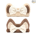 PERFECTSIGHT Kawaii Headband for Spa, Makeup, Washing Face, Party - 2 Pack Cute Cat Ear Hair Band for Shower Beauty Skincare, Soft Facial Headbands for Girls and Women (Beige+Coffee Bow)