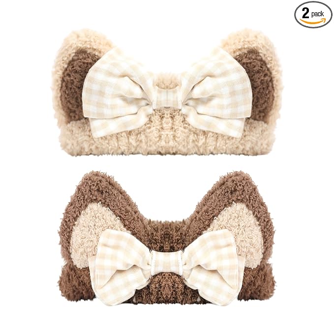 PERFECTSIGHT Kawaii Headband for Spa, Makeup, Washing Face, Party - 2 Pack Cute Cat Ear Hair Band for Shower Beauty Skincare, Soft Facial Headbands for Girls and Women (Beige+Coffee Bow)