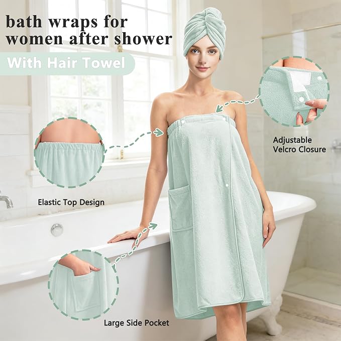 Women’s Adjustable Spa Wrap Towel Set, Microfiber Body Wrap Bathrobe with Matching Hair Towel, Super Absorbent & Quick Dry Shower Wrap for Home, Gym, Pool – Light Green(Light Green)